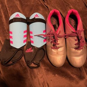 Girls cleats size 1 & shin guards size small